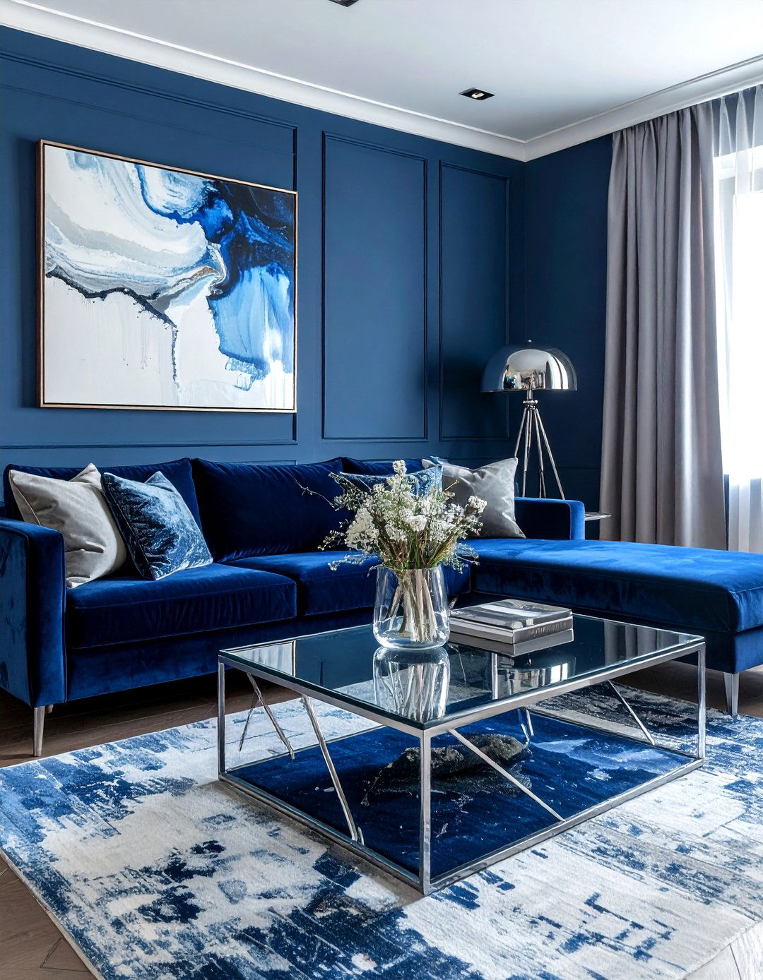 Modern Blue Velvet Living Room - 30 coastal blue living room ideas