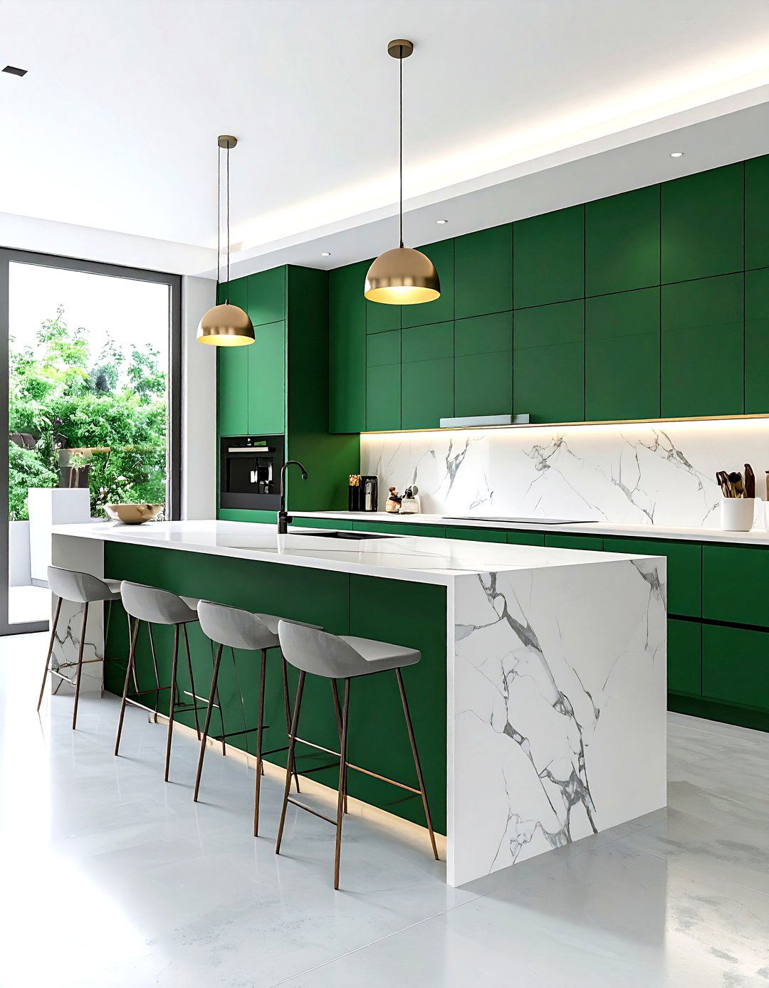 Modern Emerald Green Cabinets White Waterfall Island - 30 emerald and white kitchen ideas