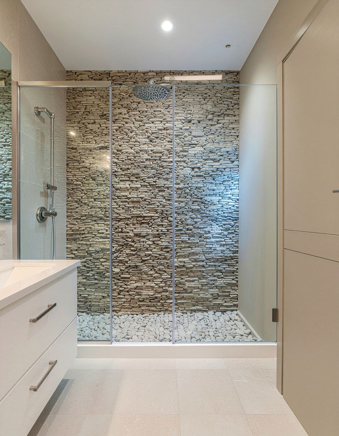 Modern Pebble Tile Shower - 30 river rock bathroom ideas