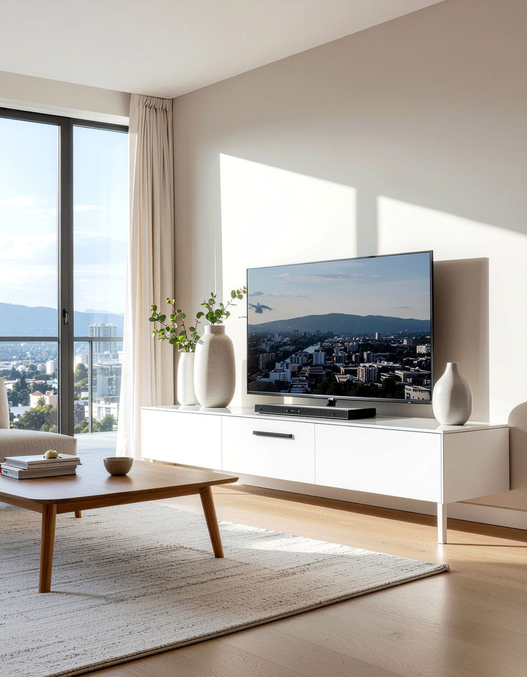 Modern White Floating TV Stand - 30 living room floating tv unit ideas