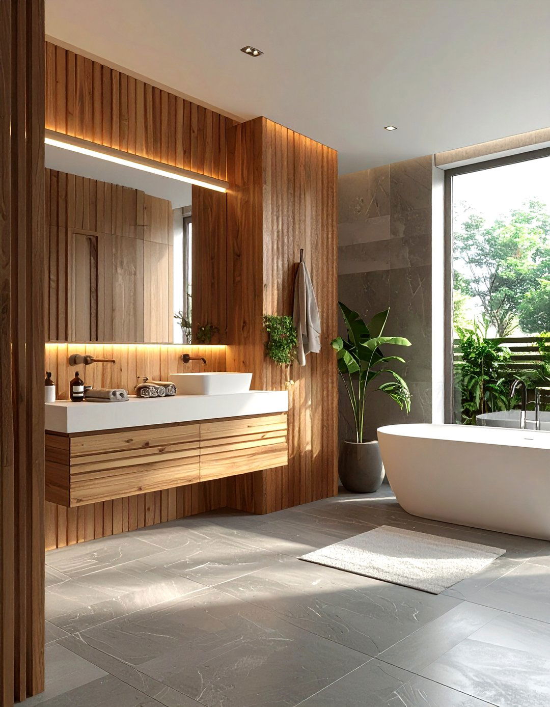Modern Wood Slat Bathroom - 30 warm tone bathroom ideas