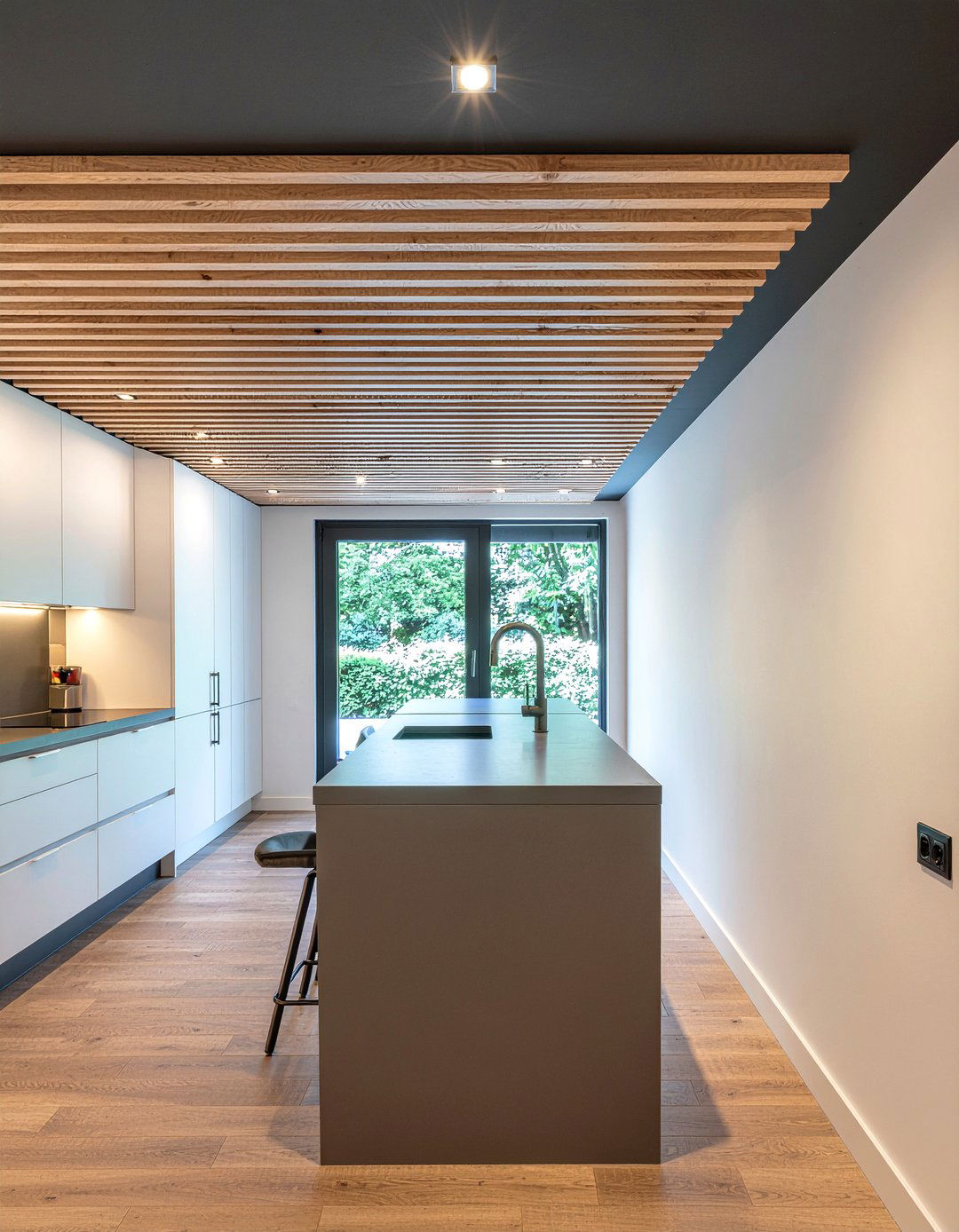Modern Wood Slat Ceiling - 30 kitchen wood ceiling ideas