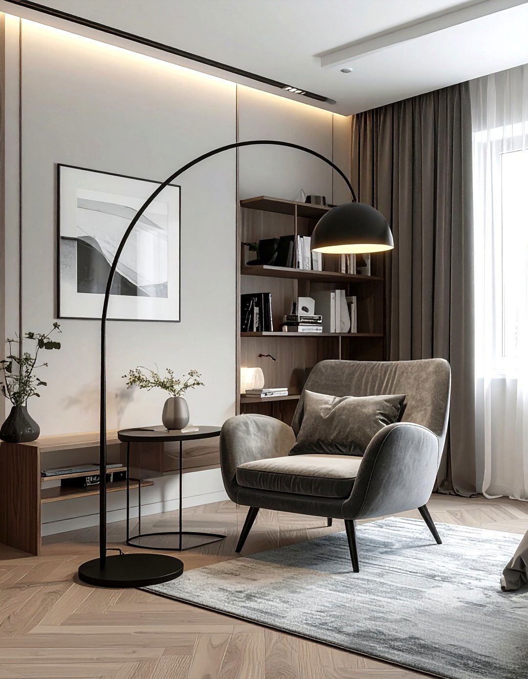 Modern arc floor lamp over chair - 30 bedroom ambient lighting ideas