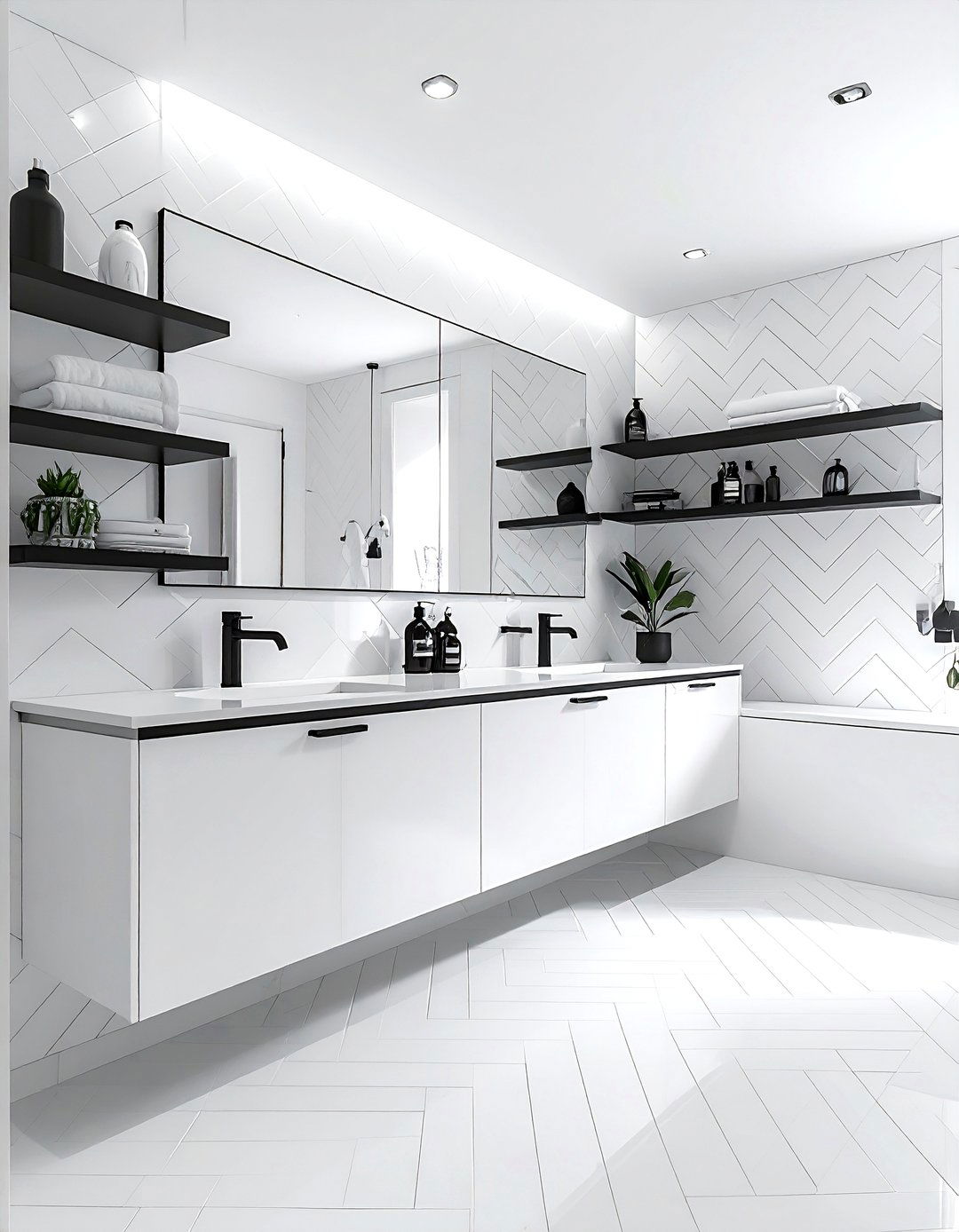 Modern bathroom with black hardware and floating shelves - 30 bathroom furniture arrangement