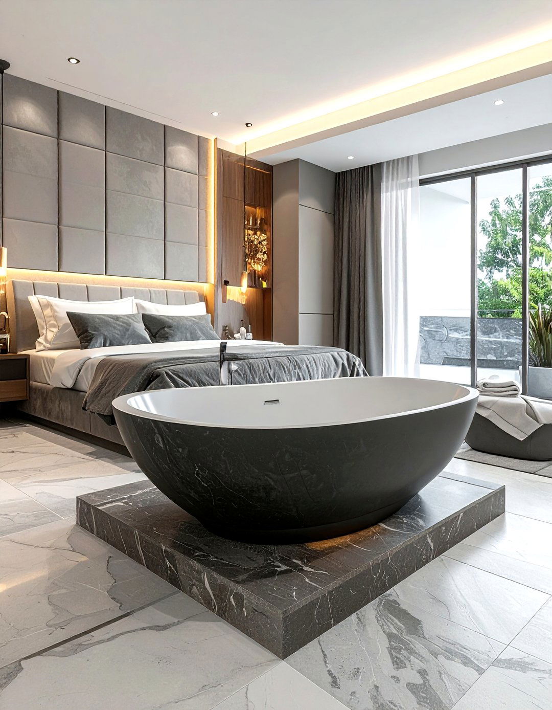 Modern bedroom integrated tub - 30 open concept bedroom ideas