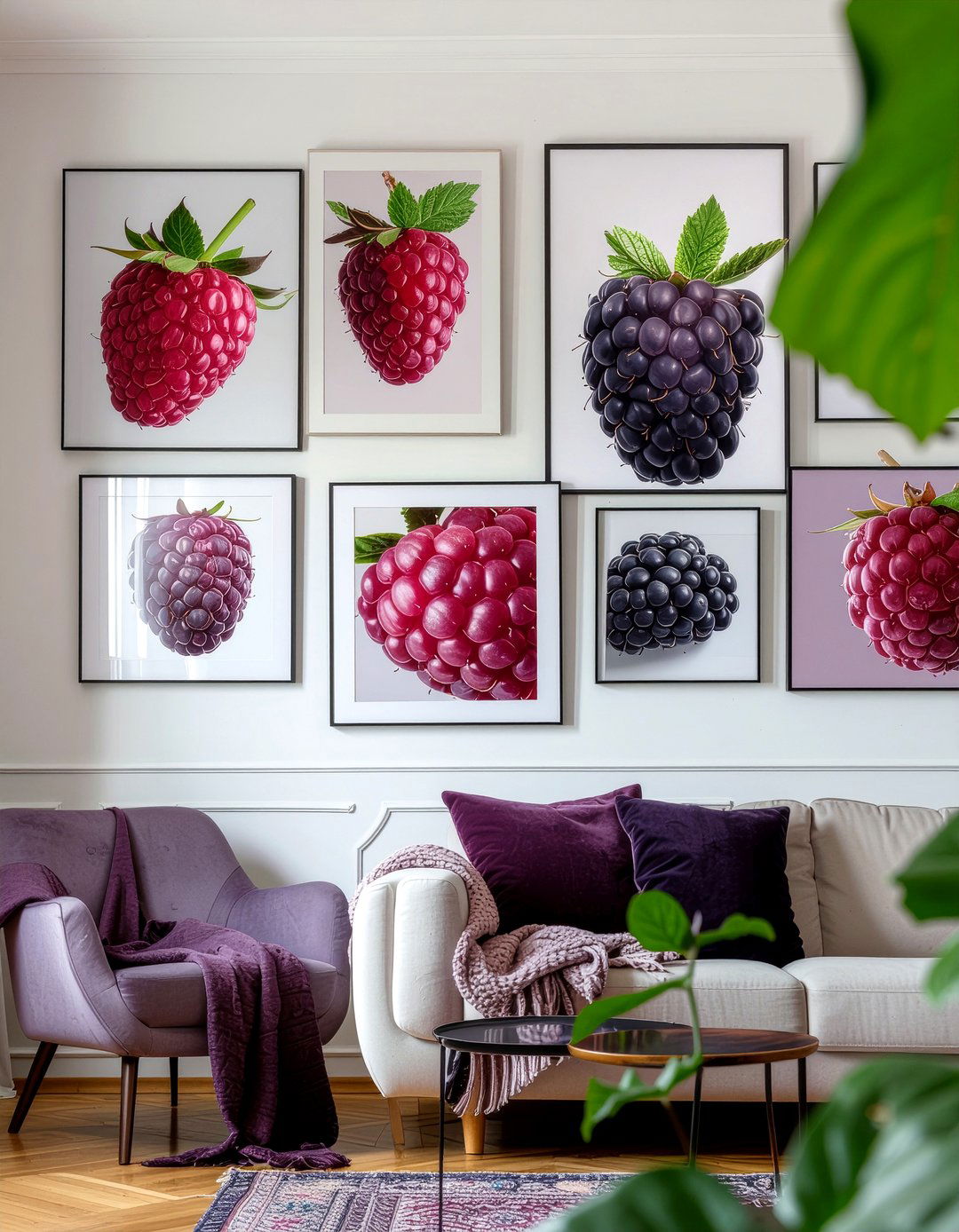 Modern berry gallery wall - 30 berry living room ideas