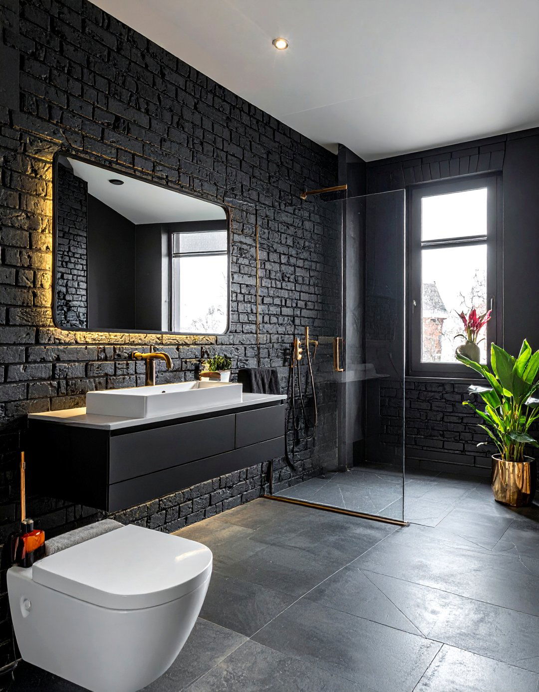 Modern black brick bathroom - 30 brick accent wall bathroom ideas