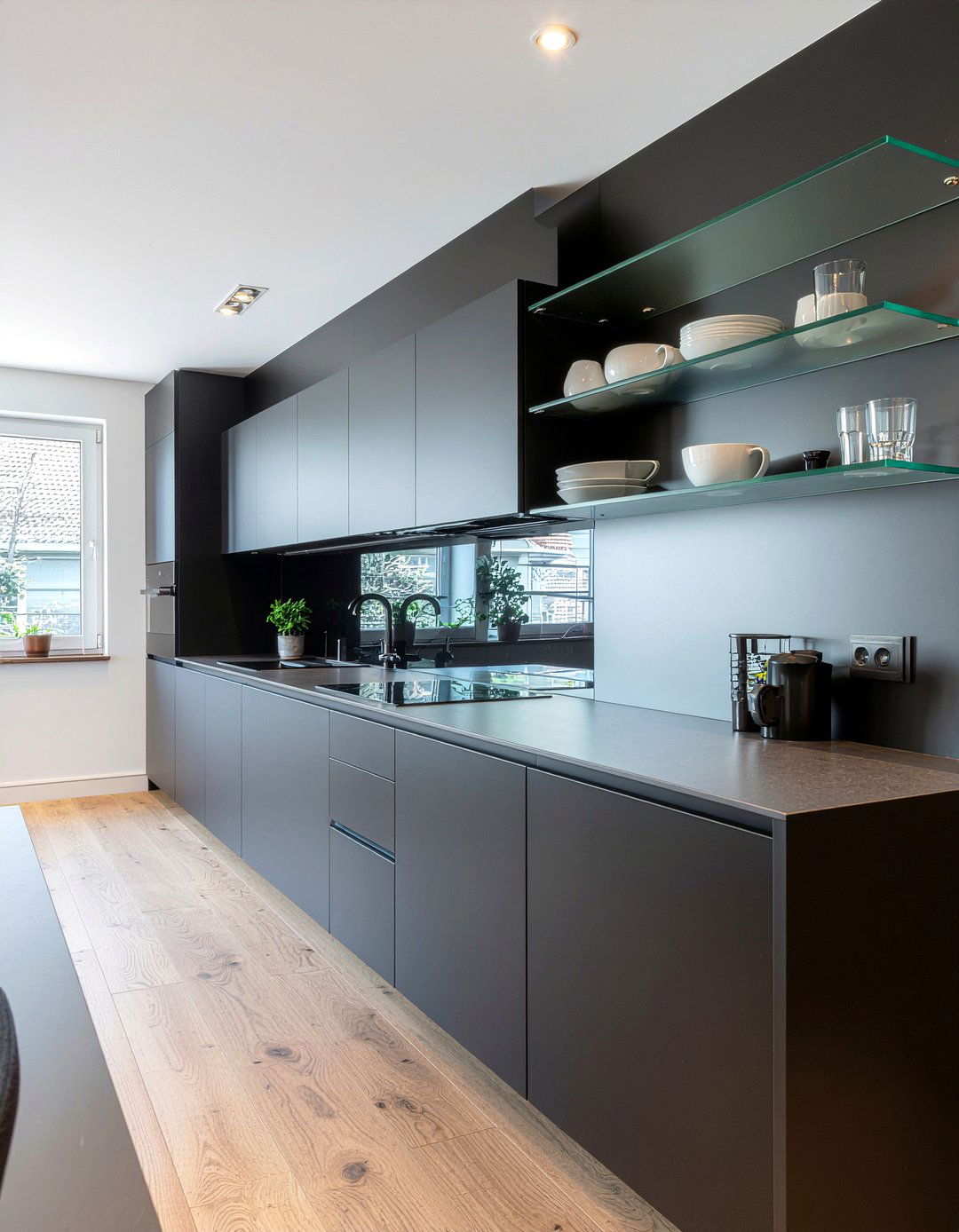 Modern black kitchen with glass shelves - 30 open shelf backsplash kitchen ideas