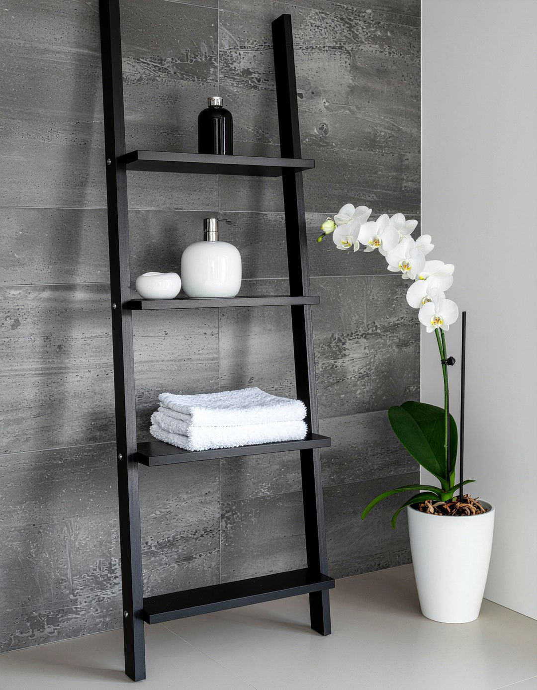Modern black ladder shelf - 30 bathroom ladder shelf ideas