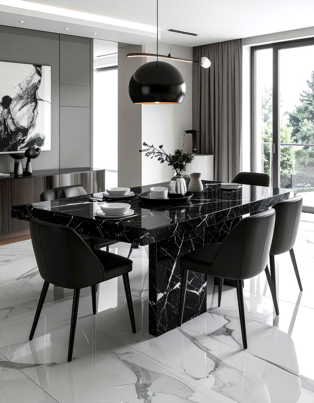 Modern black marble dining table - 30 black dining room furniture ideas