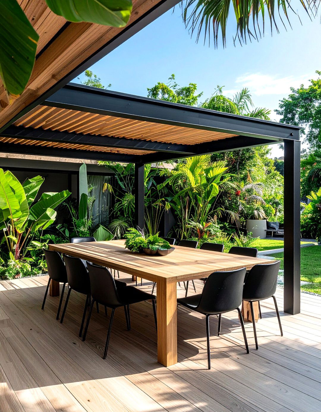 Modern black metal pergola - 30 pergola dining ideas
