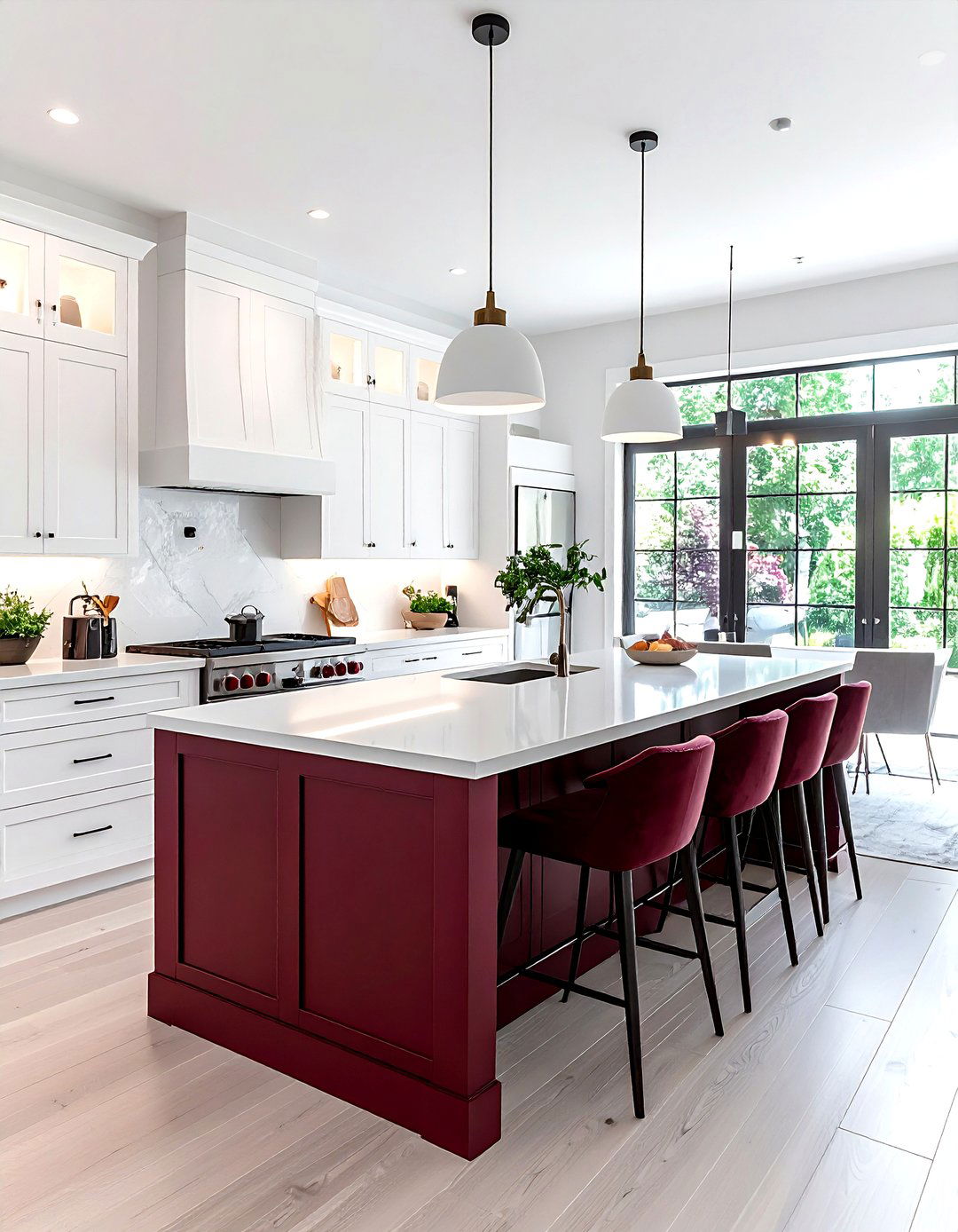 Modern burgundy island white kitchen - 30 burgundy and white kitchen ideas