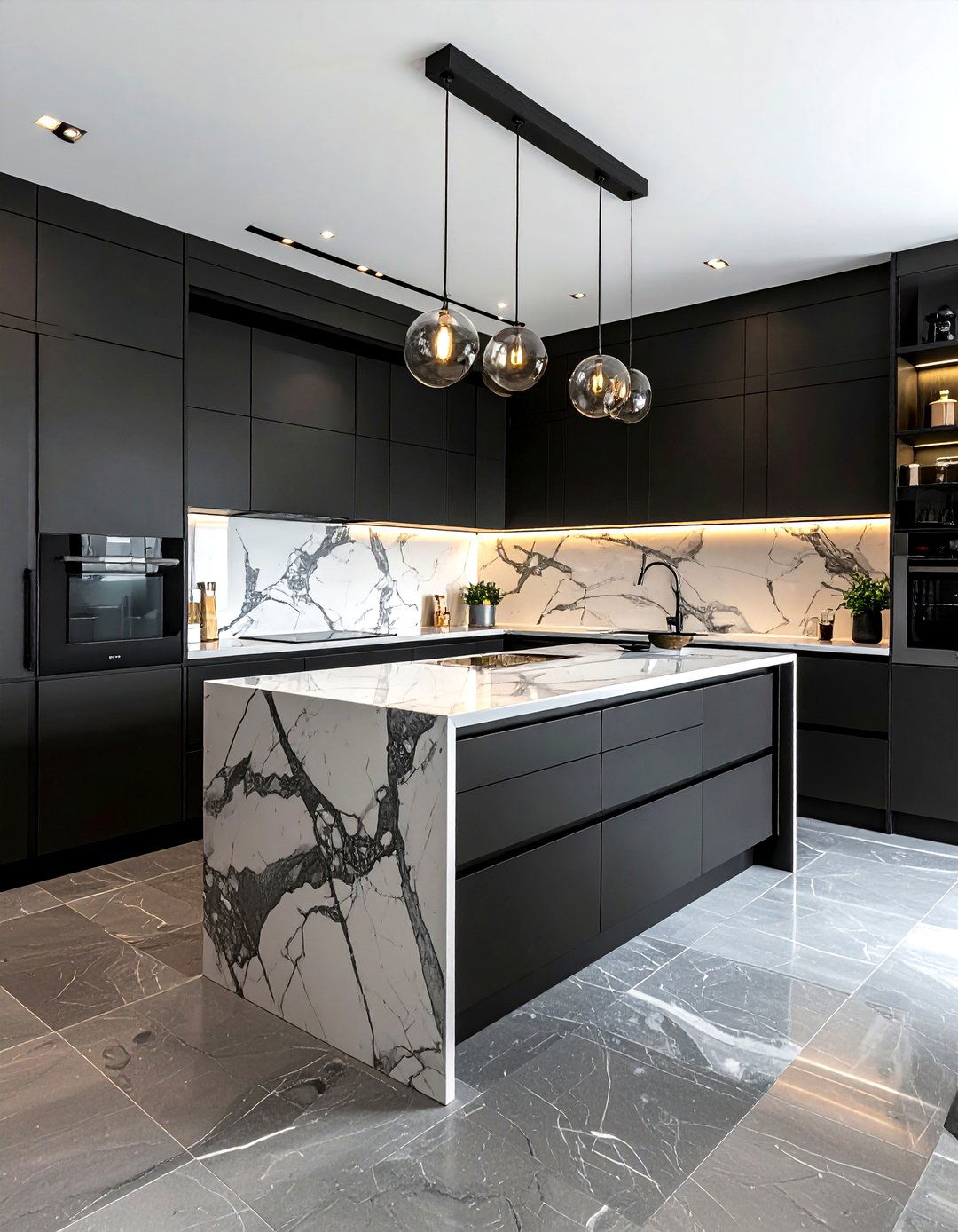 Modern charcoal kitchen with marble backsplash - 30 dark charcoal kitchen ideas