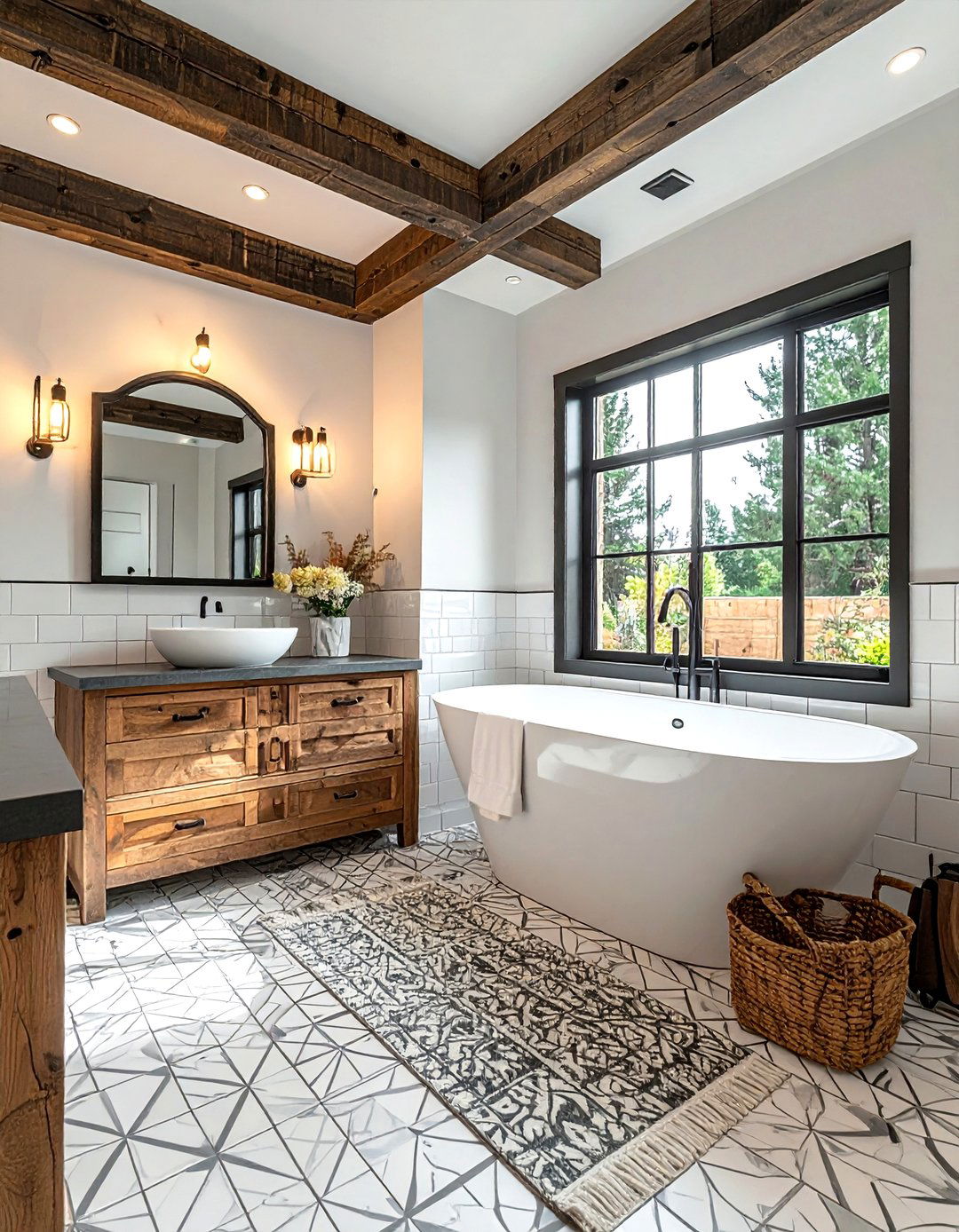 Modern farmhouse bathroom with patterned tile - 30 encaustic tile bathroom ideas