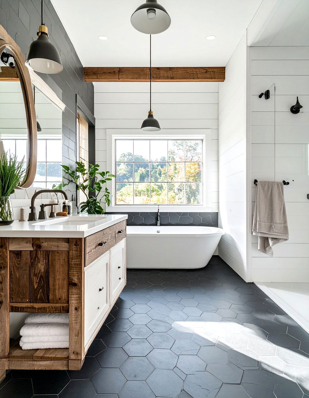 Modern farmhouse black hexagon tile bathroom - 30 black hexagon tile bathroom ideas