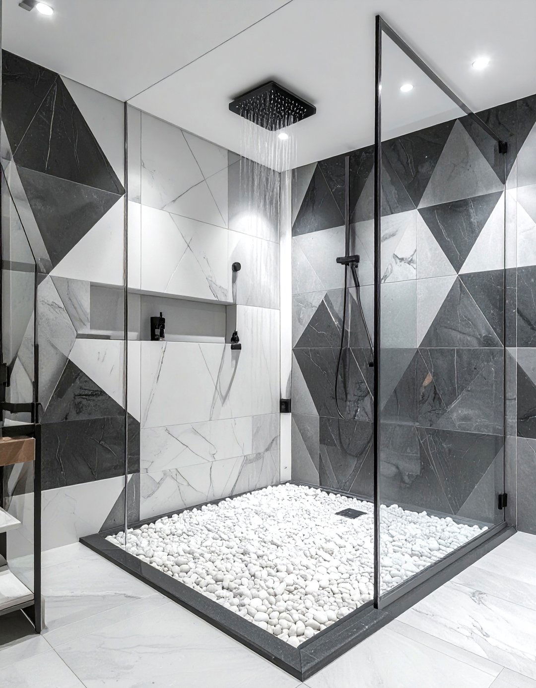 Modern geometric shower wall tile - 30 patterned tile bathroom ideas