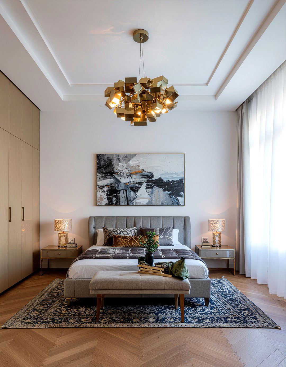 Modern gold chandelier - 30 gold accent bedroom ideas