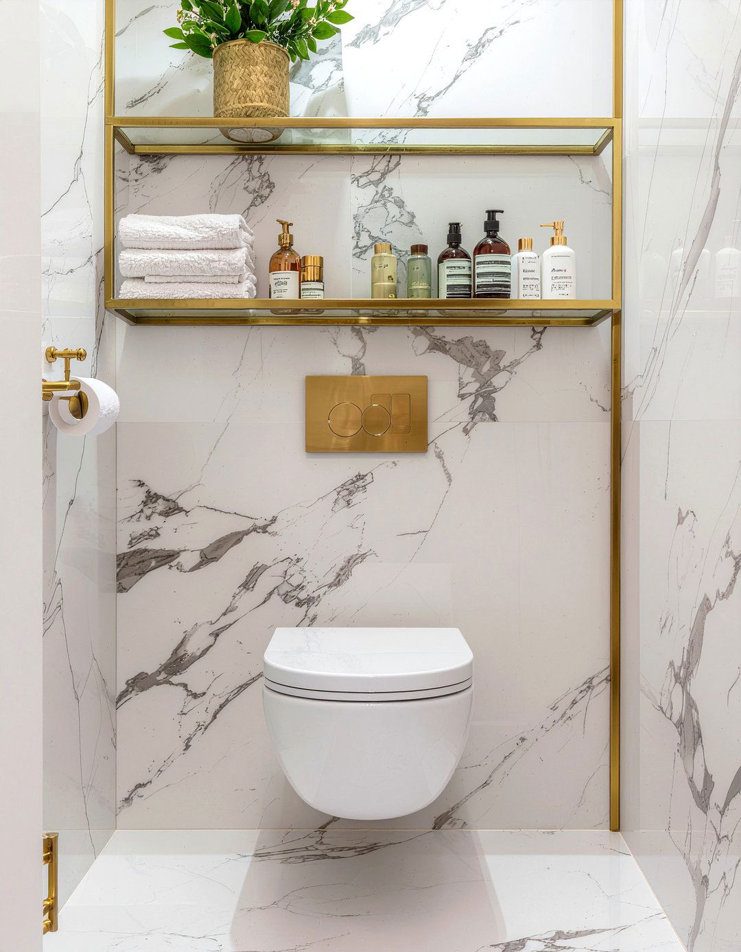 Modern gold shelf - 30 over toilet storage ideas