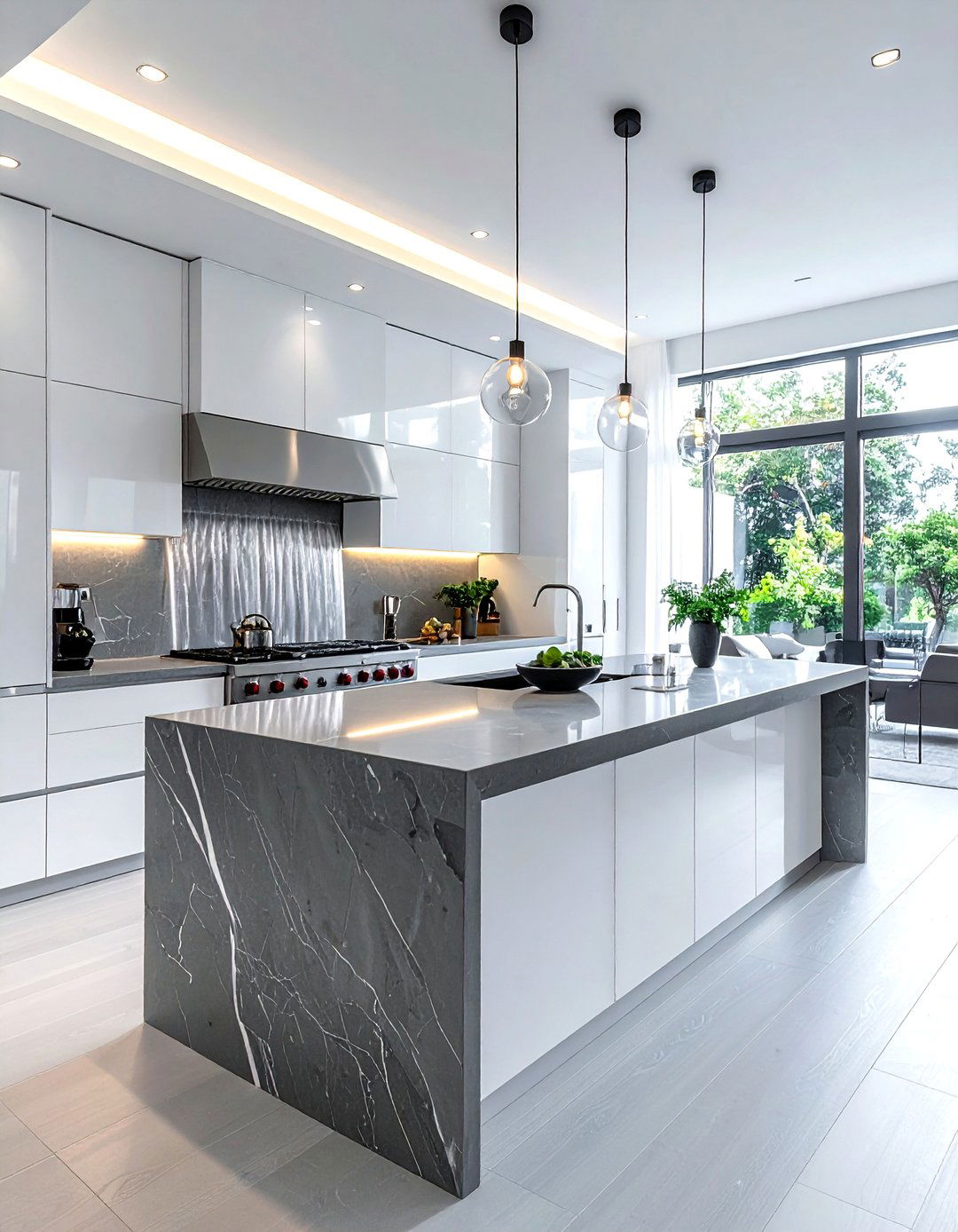 Modern gray waterfall island - 30 waterfall countertop kitchen ideas