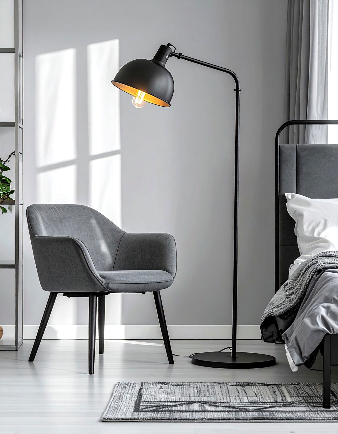 Modern industrial floor lamp - 30 scandinavian grey bedroom ideas