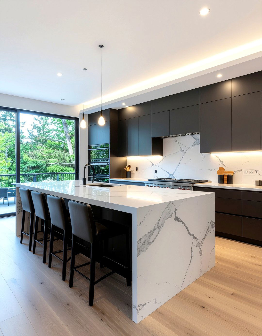 Modern kitchen with marble waterfall island - 30 architect designed kitchen ideas