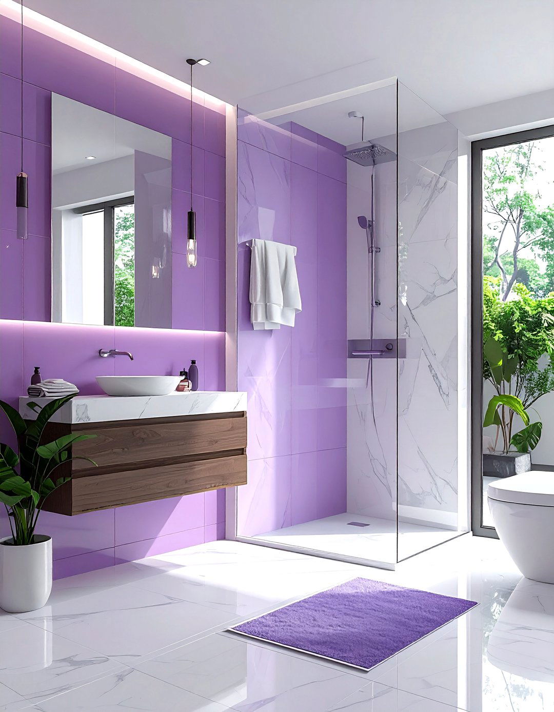 Modern lilac bathroom shower - 30 purple and white bathroom ideas