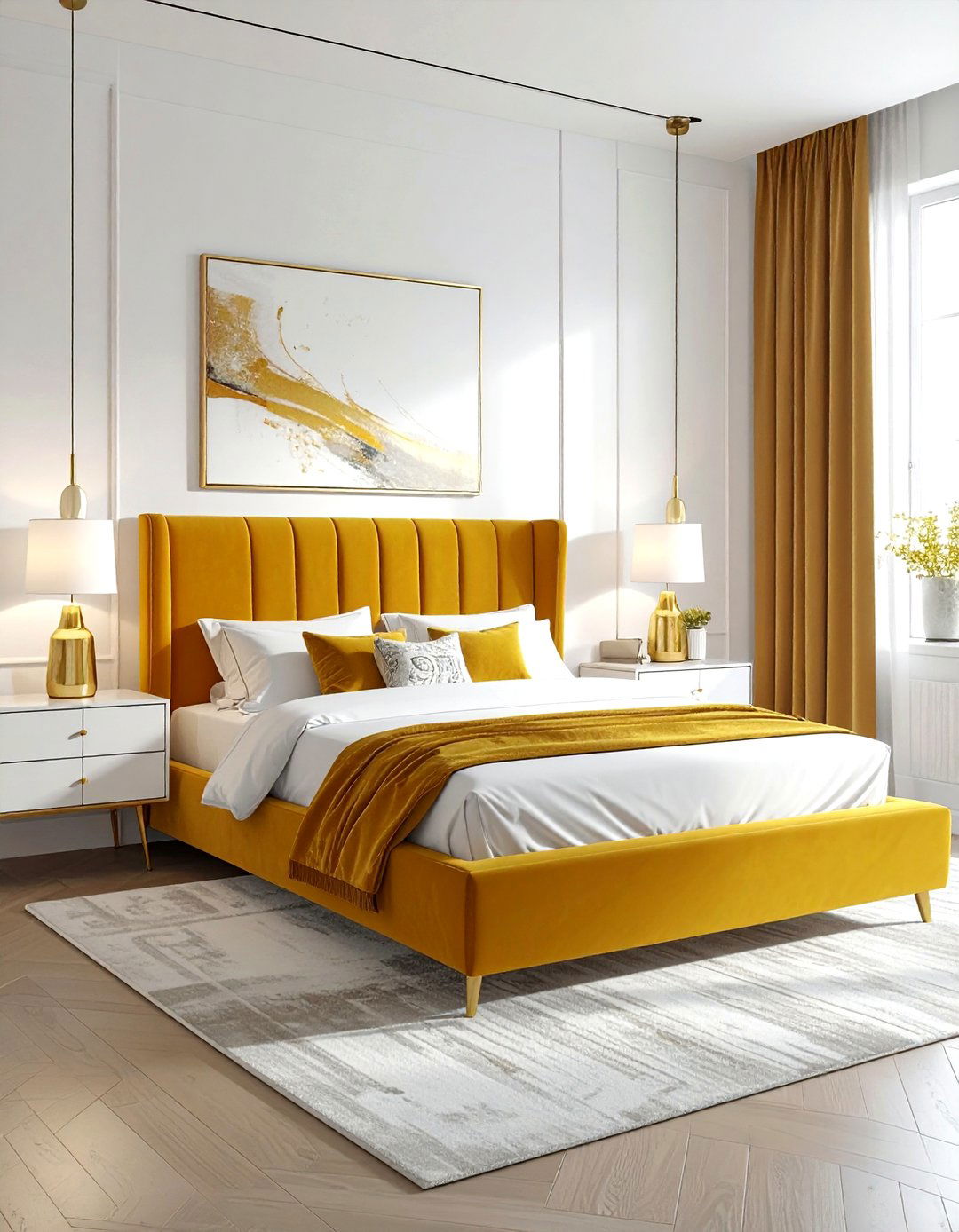 Modern mustard and white bedroom - 30 yellow and white bedroom ideas