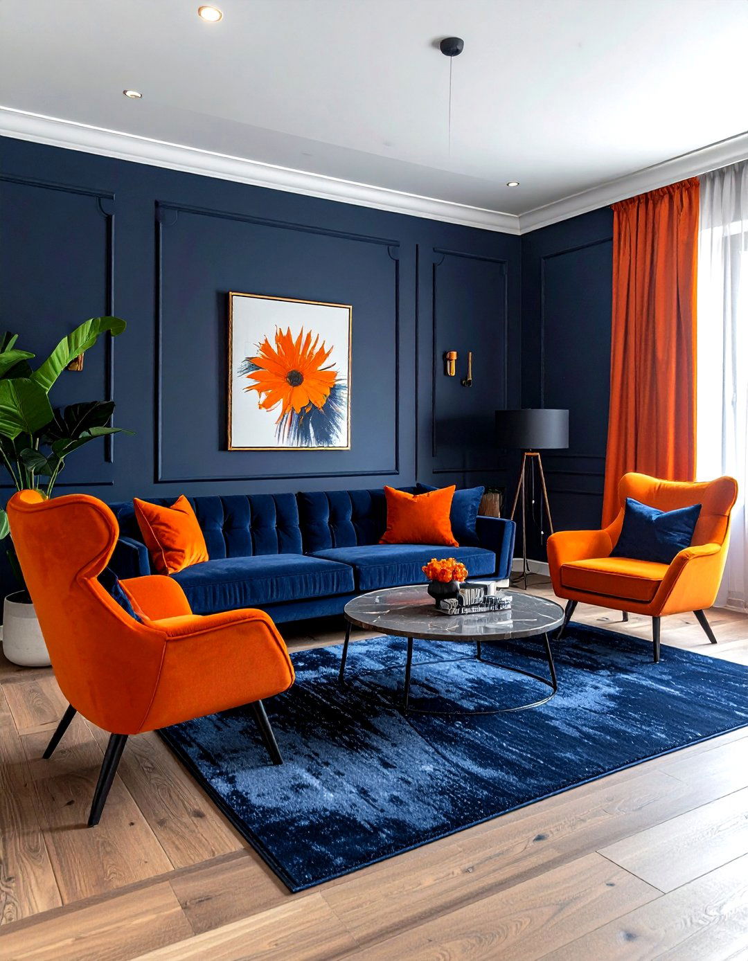 Modern navy and orange living room - 30 contemporary navy living room ideas