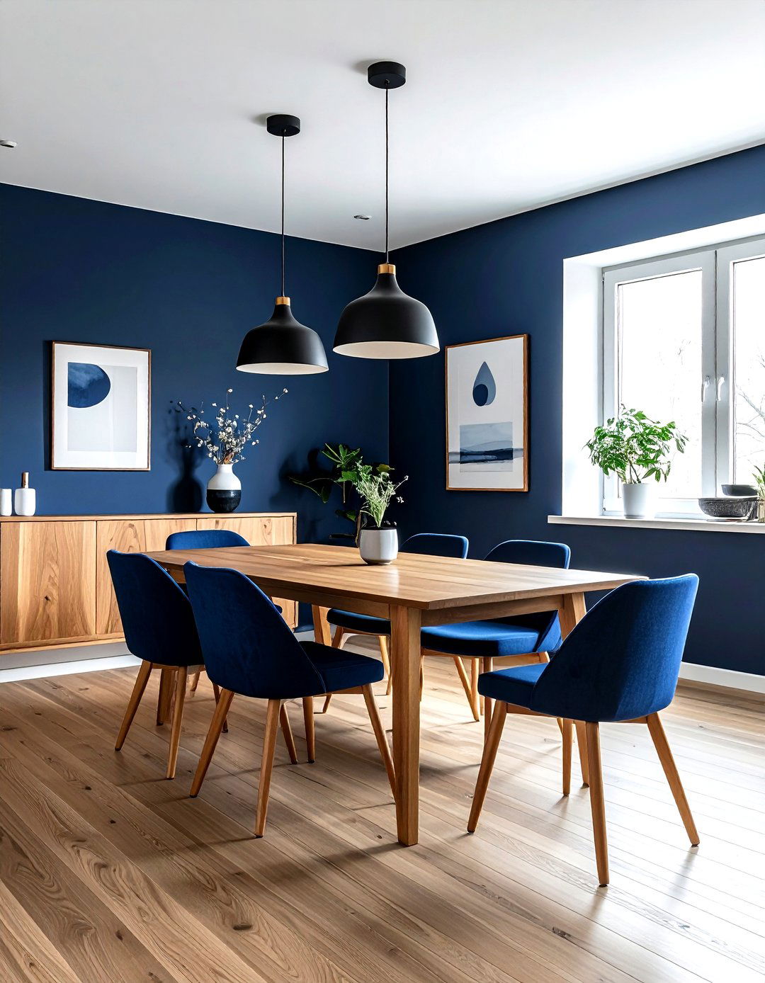 Modern navy dining room with wood table - 30 navy dining room design ideas