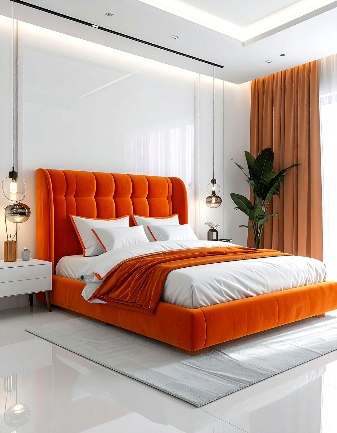 Modern orange headboard bedroom - 30 orange and white bedroom ideas