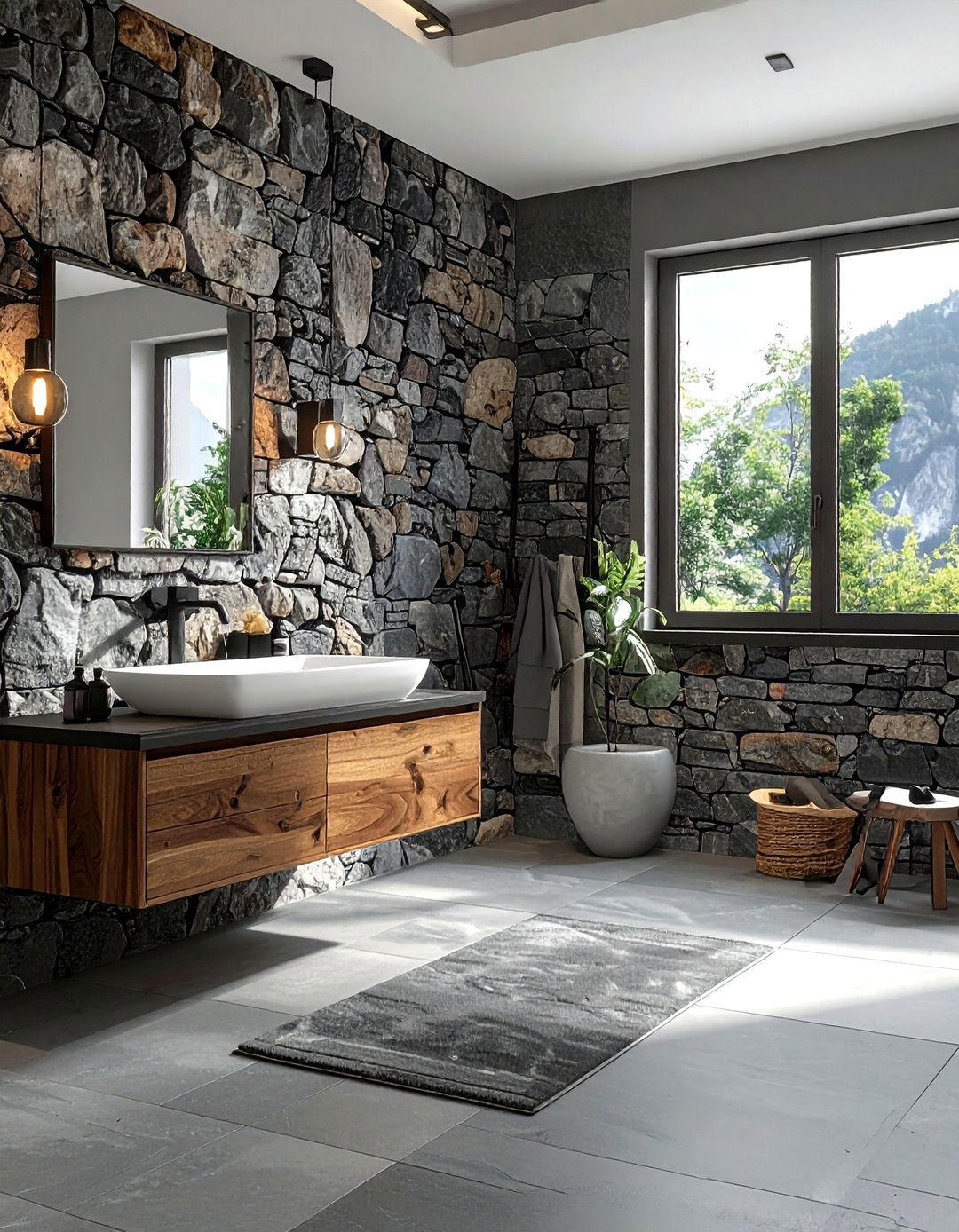 Modern rustic bathroom with stone wall - 30 rustic home decor ideas