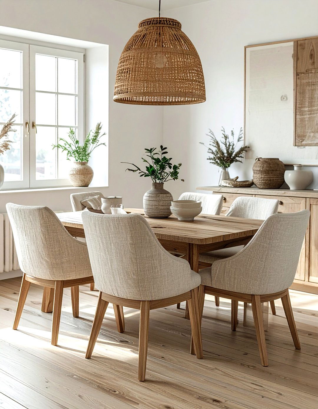 Modern rustic dining area with linen chairs - 30 rustic home decor ideas