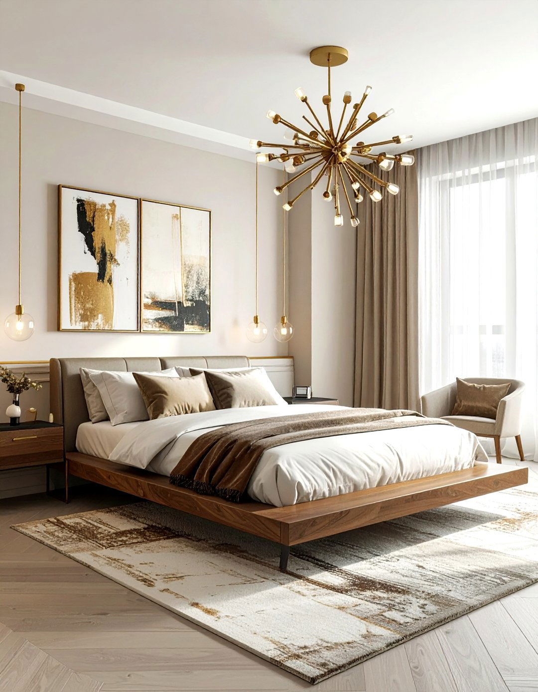 Modern sputnik chandelier bedroom - 30 mid-century glam bedroom ideas