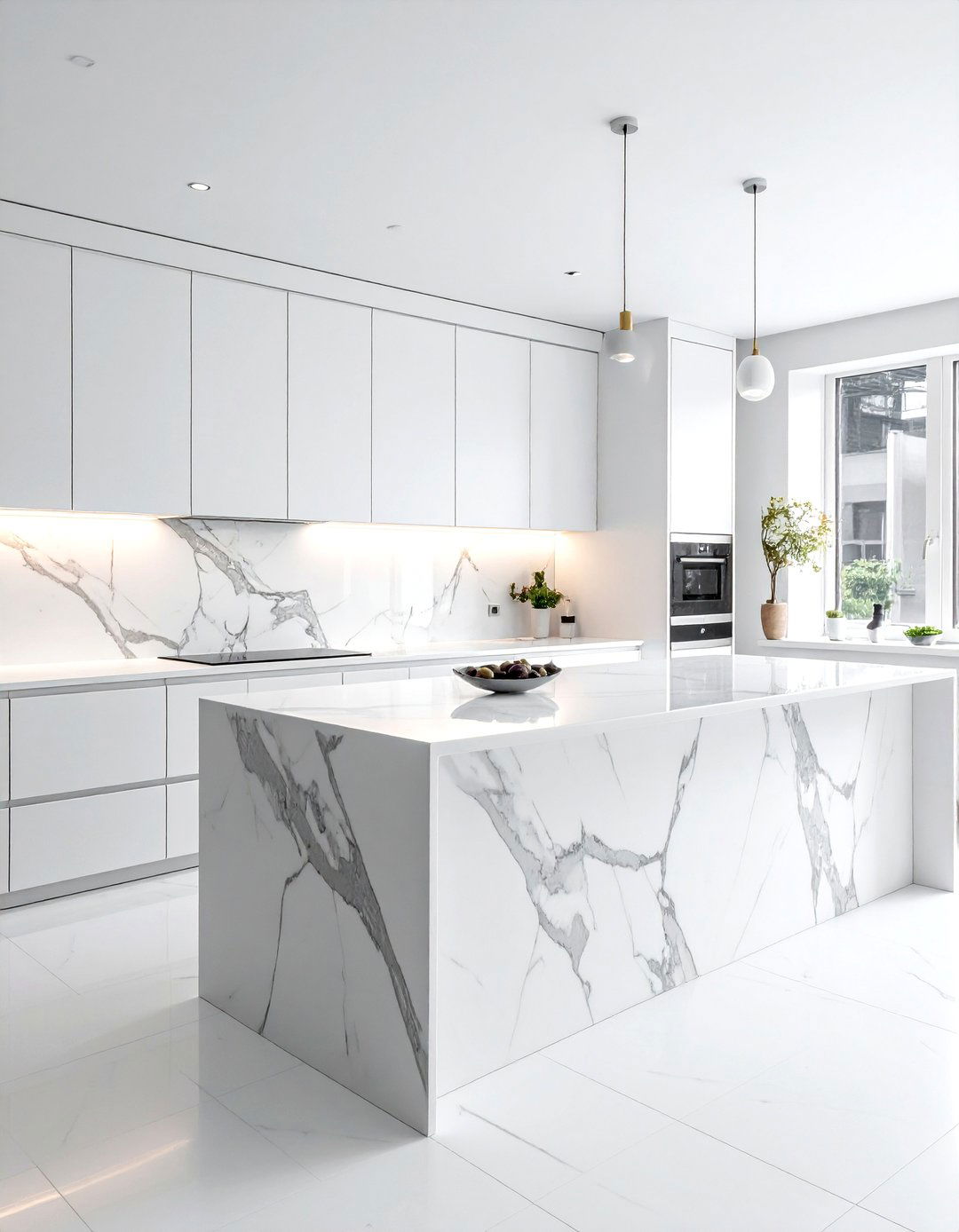Modern white kitchen marble backsplash - 30 white kitchen cabinet ideas