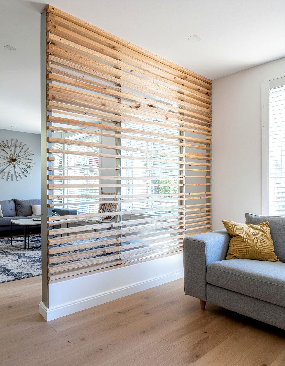 Modern wood slat pony wall - 30 living room pony wall ideas