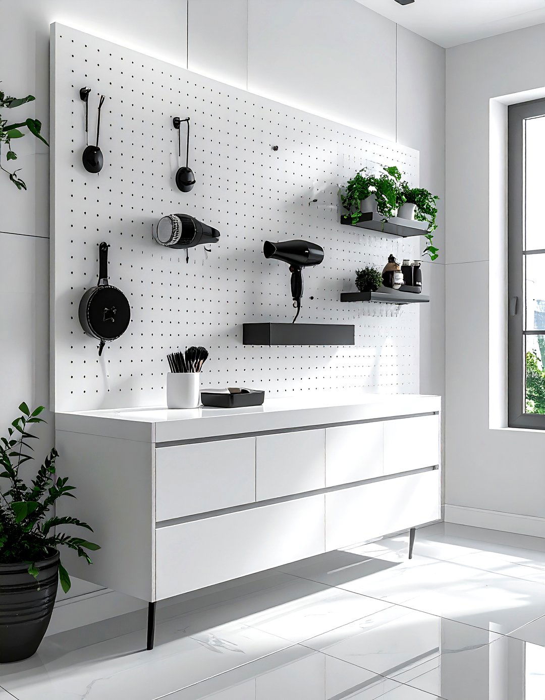 Modular pegboard storage wall - 30 bathroom storage solutions