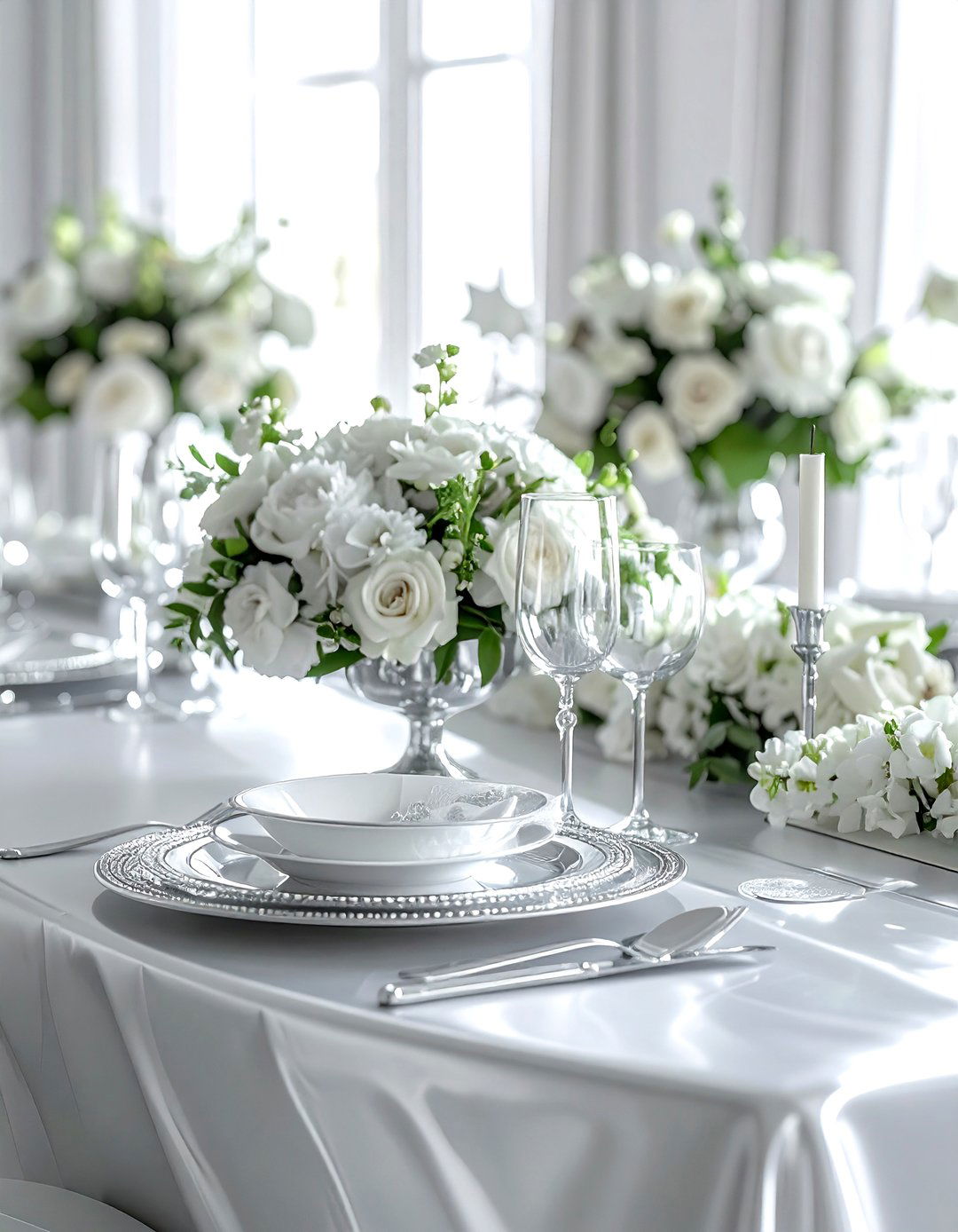 Monochromatic silver Seder dining - 30 Passover dining room ideas