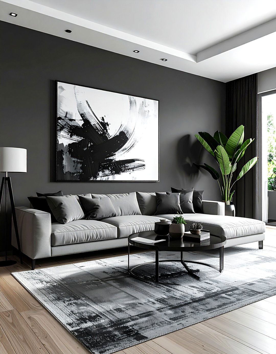 Monochrome Abstract Art - 30 bohemian black living room ideas