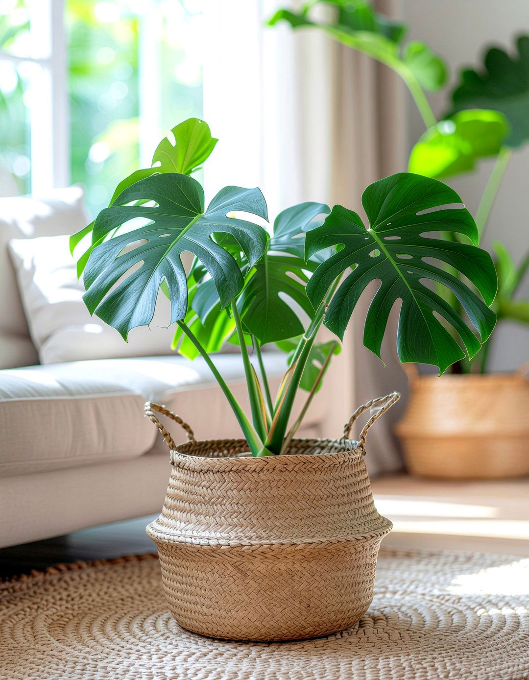 Monstera Deliciosa Woven Basket - 30 living room monstera ideas