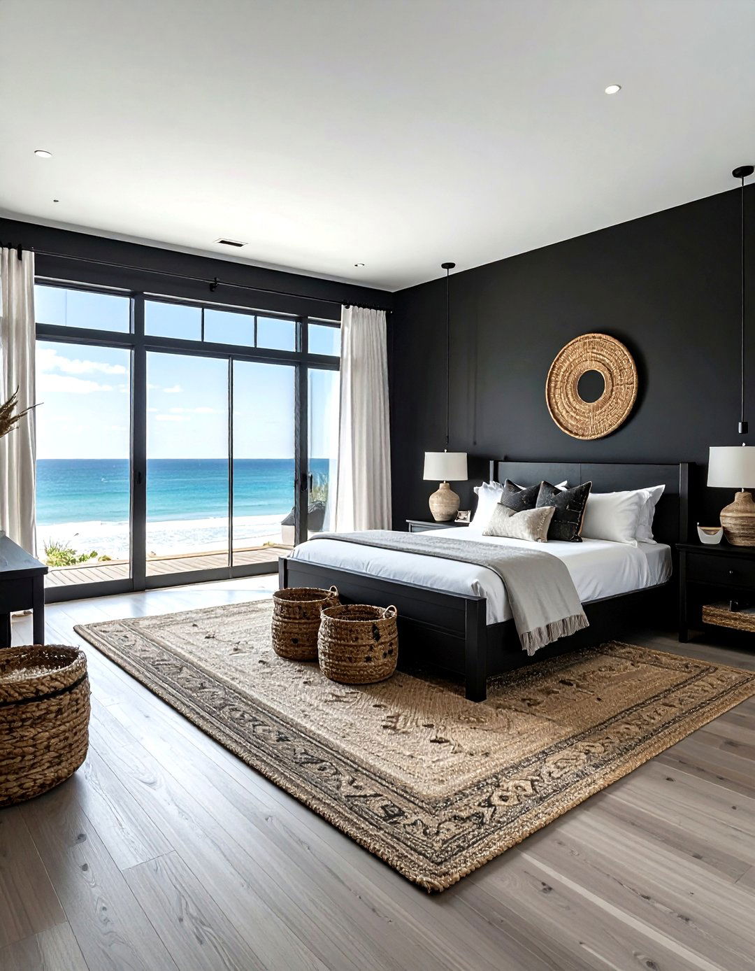 Moody Beachfront Black Suite - 30 coastal black bedroom ideas