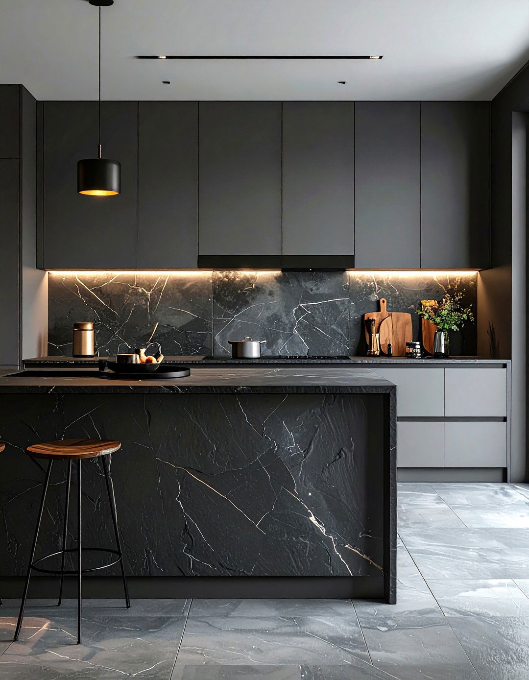 Moody grey kitchen with dark stone trays - 30 grey kitchen accessories ideas