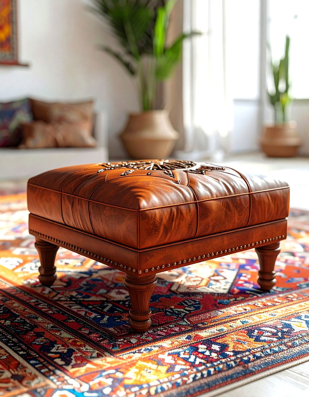 Moroccan Leather Ottoman - 30 living room Bohemian furniture ideas