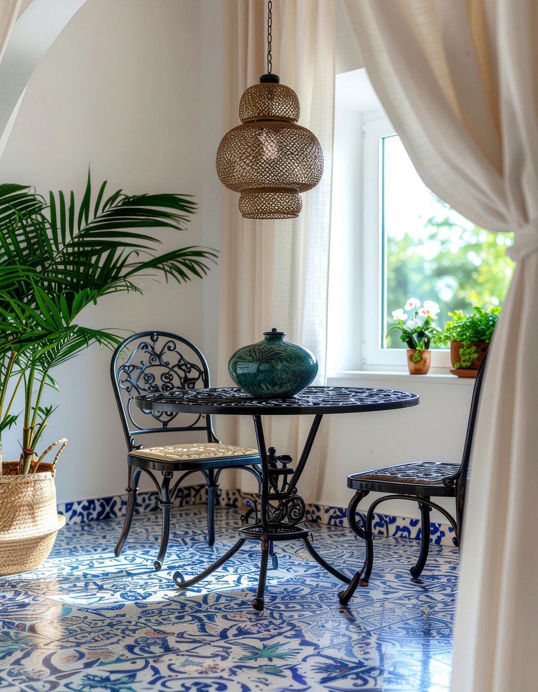 Moroccan Tile And Linen Curtains - 30 dining room pattern mixing ideas