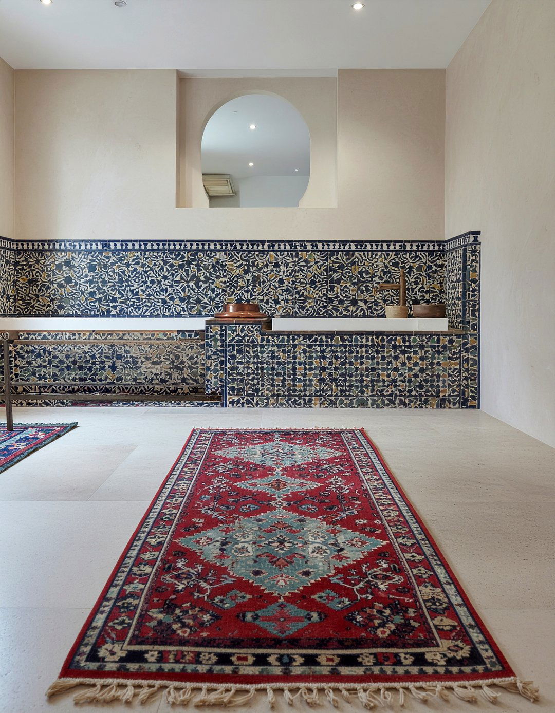 Moroccan backsplash and stone floor - 30 bathroom pattern mixing ideas