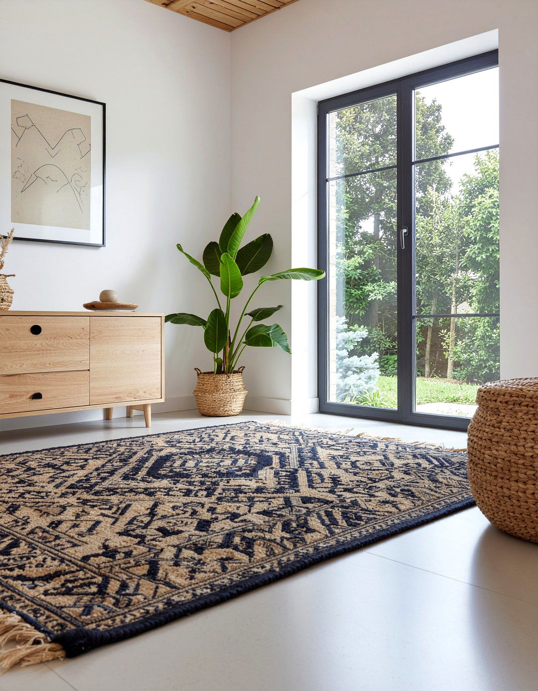 Moroccan rug on sisal rug - 30 living room rug layering ideas