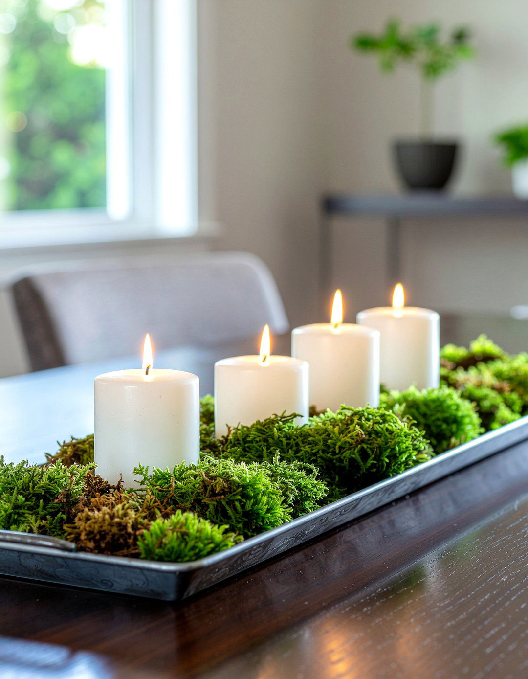 Moss And Pillar Candle Tray - 30 candle centerpiece dining ideas