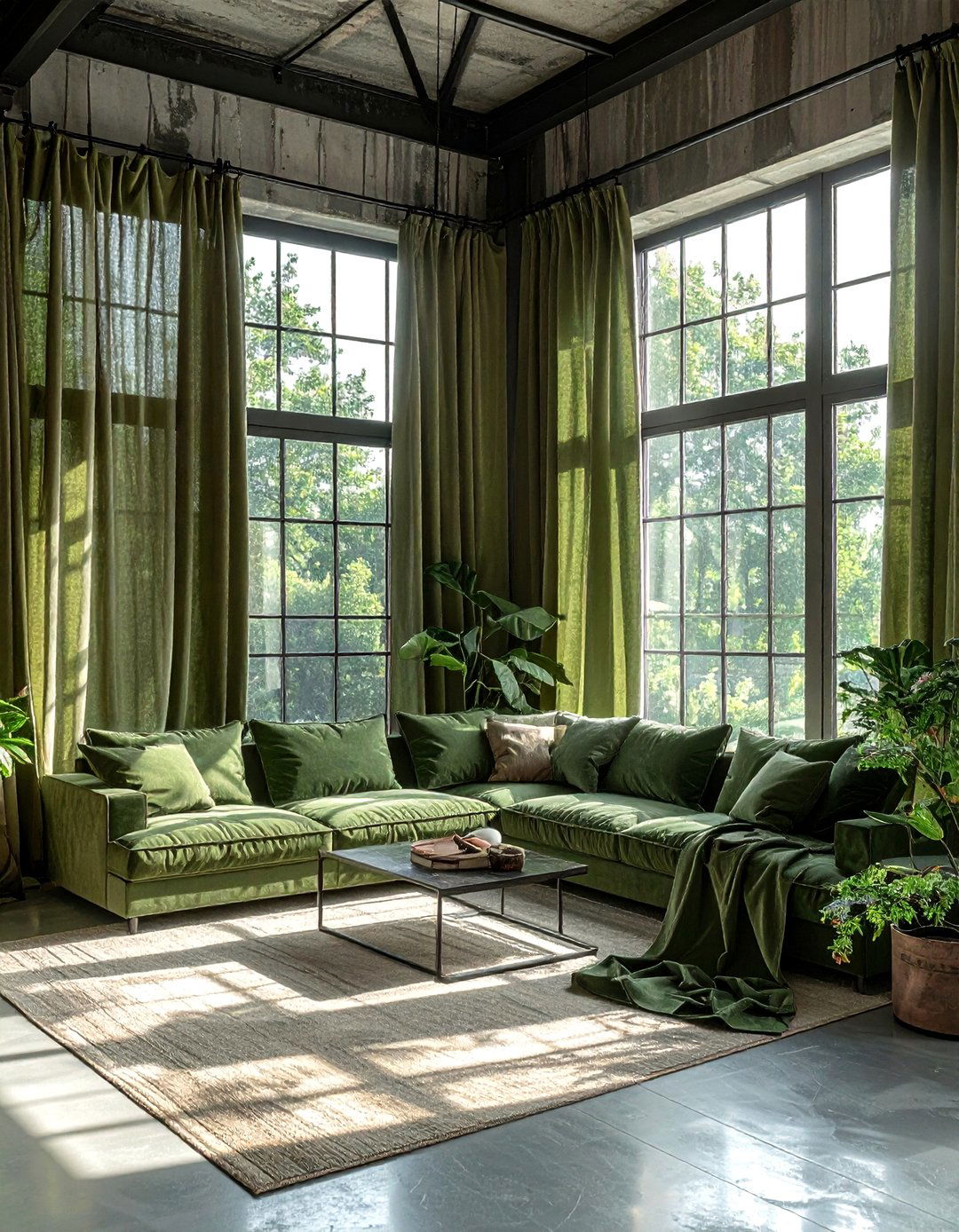 Moss Green Linen Drapes - 30 industrial green living room ideas