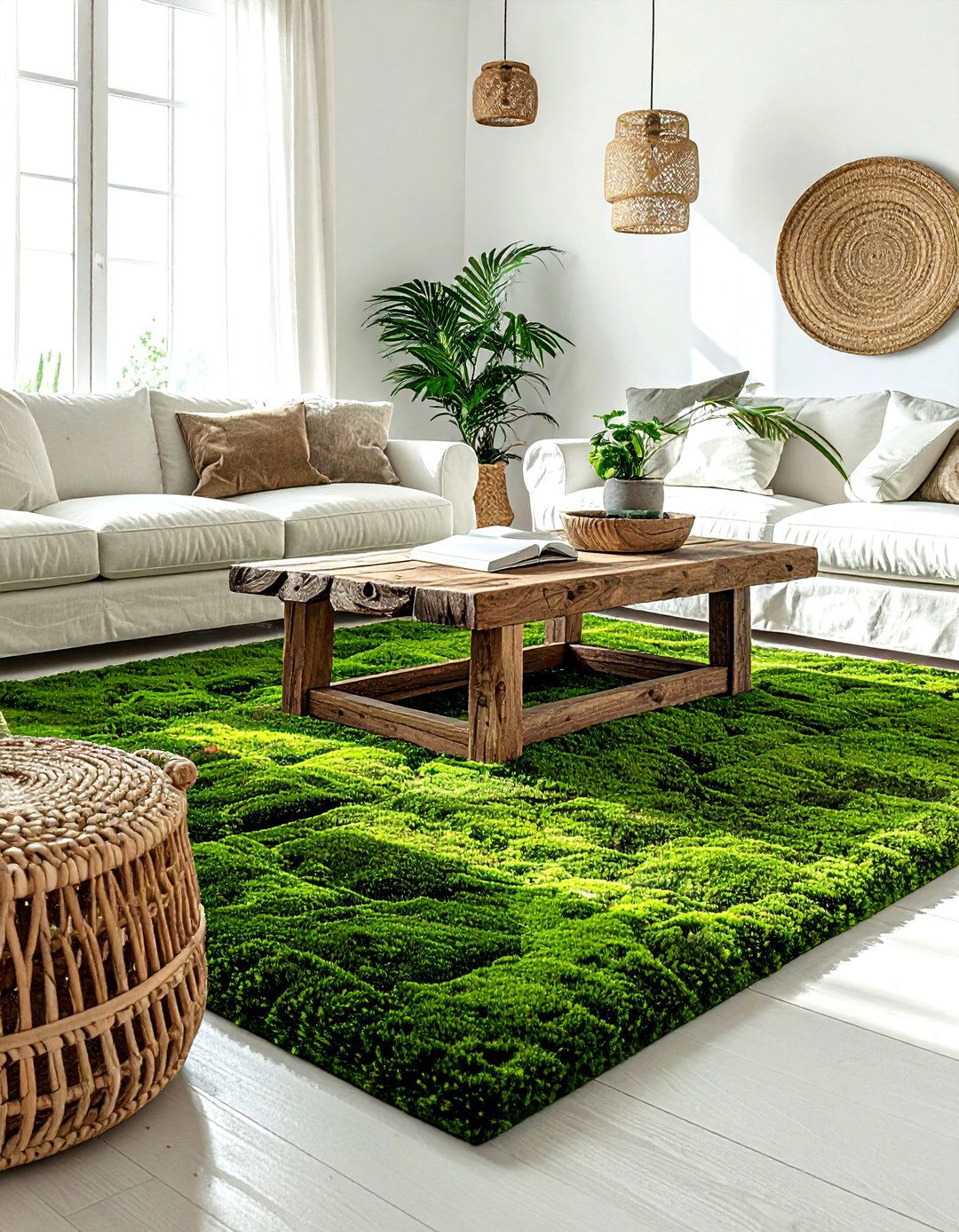 Moss green area rug - 30 farmhouse green living room ideas