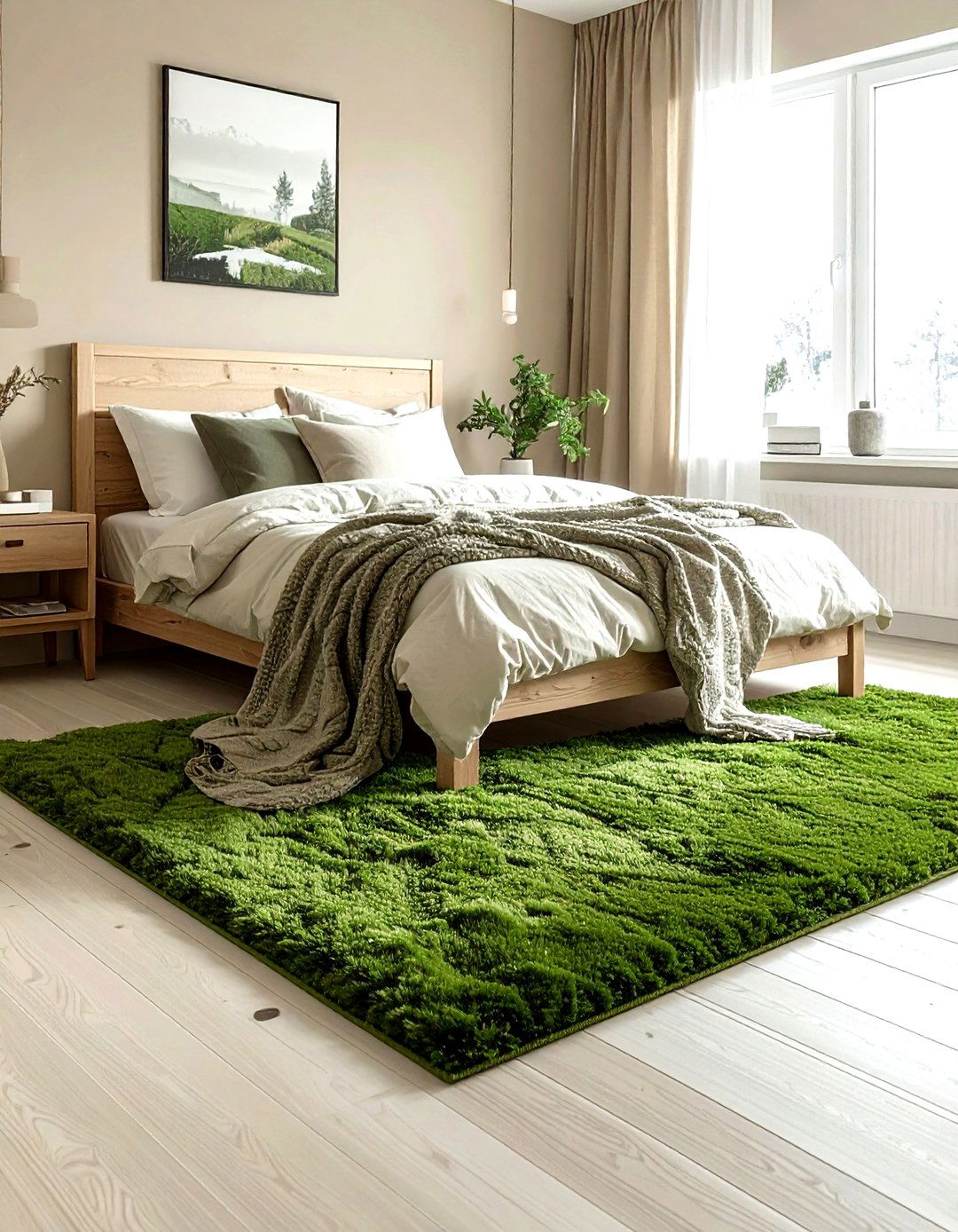 Moss green rug - 30 green bedroom decor ideas