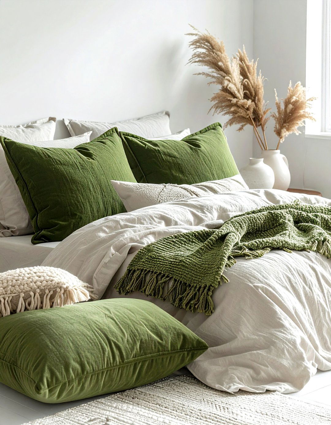 Moss green throw pillows - 30 bohemian green bedroom ideas